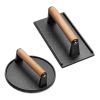 2Pcs Cast Iron Grill Press Pre-Seasoned Steak Weights Smash Burger Press Bacon Meat Smasher with Wood Handle 7in Round & 8.2x4.25in Rectangular Grill