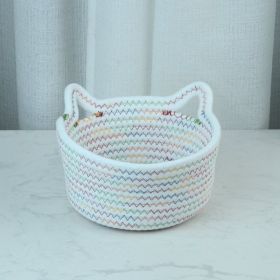 Cat's Ears Desktop Storage Basket Hand Woven Cartoon (Option: White Colorful Thread-18cmx10cm)